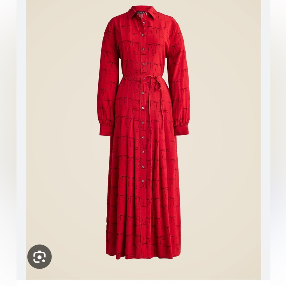 J. Crew Red Bow tie drapey Midi Shirt Dress with Tie Waist 6 - Picture 2 of 8
